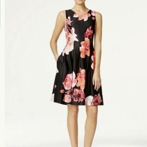 Calvin Klein Coral Pink Floral Sleeveless Pleated Scuba Flare Dress Pockets Sz 4